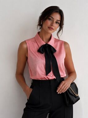 JACOB | Red Sleeveless Button-Up Top - Black Tie Detail